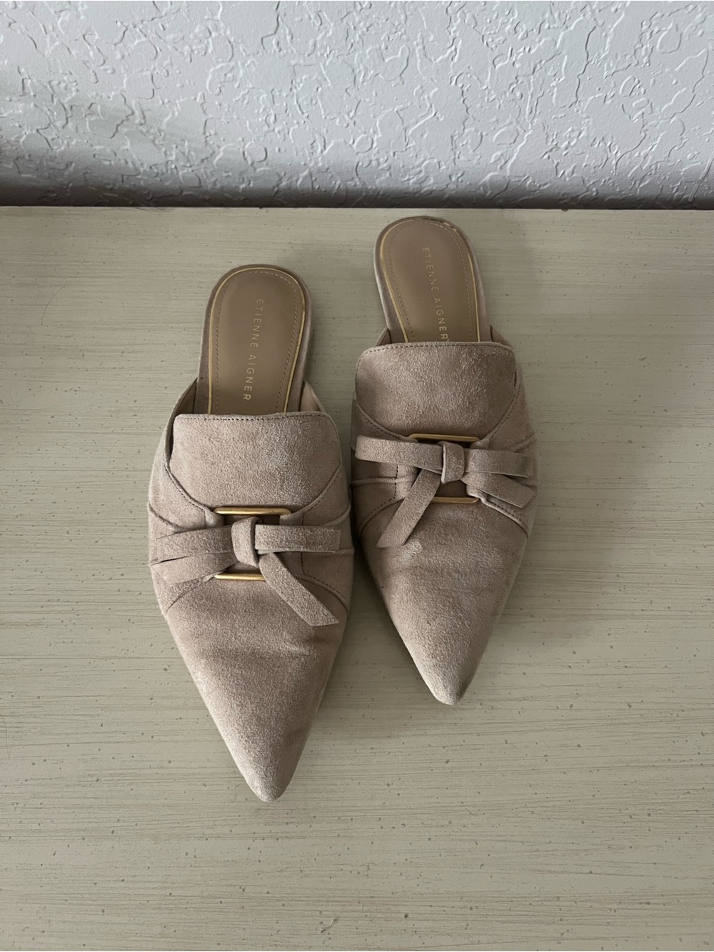 Etienne Aigner Taupe Suede Pointed Knot-Detail Mules